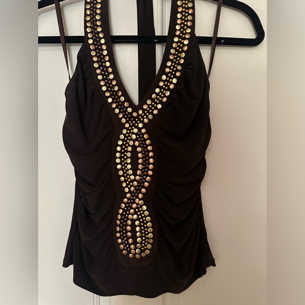 Cache brown embellished halter top